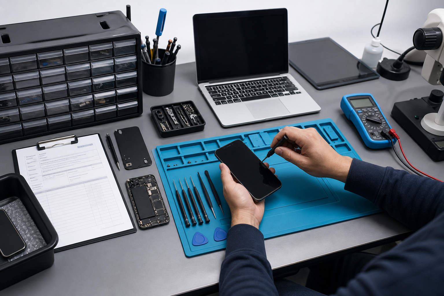 Organized electronics repair workflow with diagnostics tools and devices on a workbench